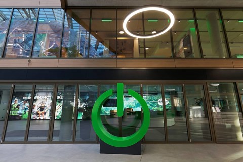 Green Power Button, sculpture in front of Schneider Electric SE's office, EUREF-Campus Düsseldorf,
