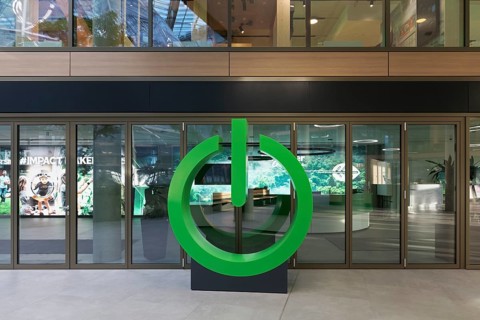 Green Power Button, sculpture in front of Schneider Electric SE's office, EUREF-Campus Düsseldorf,