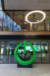 Green Power Button, sculpture in front of Schneider Electric SE's office, EUREF-Campus Düsseldorf,