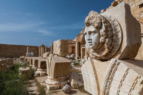 Lepcis Magna, Libya, North Africa. The head of the Medusa on the majestic ruins of the Ancient