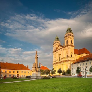 Valtice, Moravia, Czech Republic, Eastern Europe. The cathedral and square in the old town