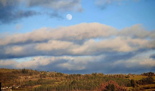 A peaceful landscape with forest and moon in a blue sky, surrounded by clouds, Franconian Forest