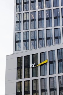 Ernst & Young, Logo Ey am Bürohochhaus Pandion Rise, auditing firm, Düsseldorf, North
