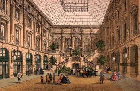 In the late 19th century, Cour du Grand Hotel du Louvre was a famous, covered courtyard of the