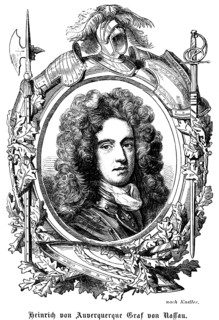 Henry von Auverquerque Count of Nassau feathers, helmet, sword, heelebard, shield, knight, emblems,