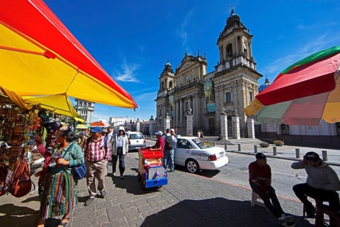 Street scene in the old town zone 1, in the back the cathedral or Catedral Metropolitana de