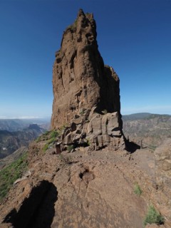 Steeply rising rock on a mountain trail with panoramic views, Roque Bentayga, Gran Canaria, Canary