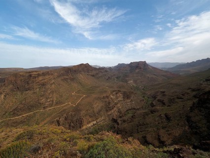Wide view of a dry, rocky mountain landscape under clear sky, Degollada de las Yeguas, Gran