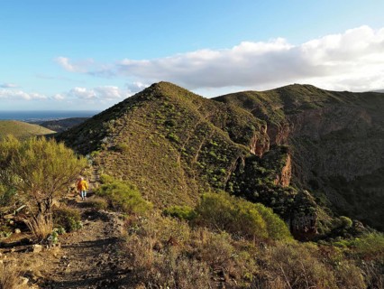 Hiker on a trail along a sunny mountain ridge with views of the hills, Caldera de Bandama volcanic
