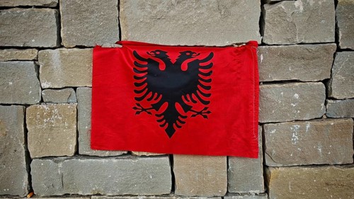Albanian flag with black eagle on a red background on a stone wall, Tirana, Albania