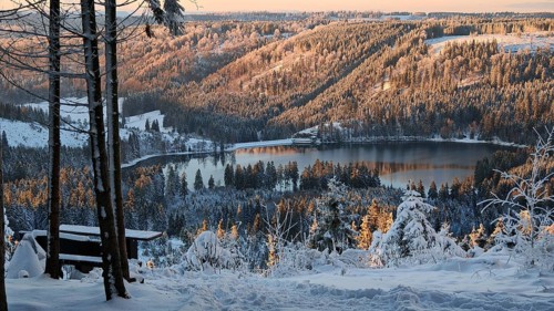 View of a snowy forest with a lake dam Scheibe Alsbach and hills in sunlight and a bench in the