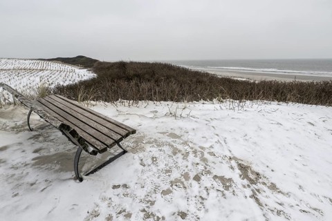 Bench in snowy dune landscape, Langeoog, Lower Saxony, Germany