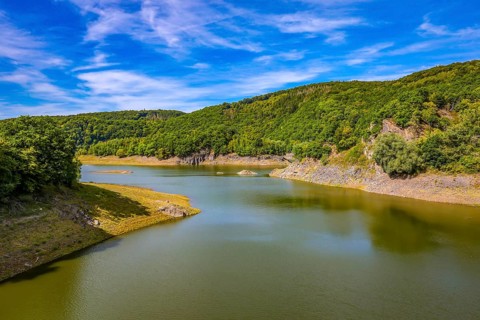 Schleiden, North Rhine-Westphalia, Germany — Eifel National Park. Urfttalsperre, Urftsee below