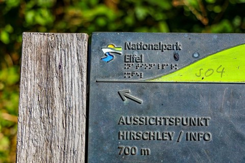 Heimbach, North Rhine-Westphalia, Germany — Eifel National Park. Eifel-Blick Hirschley sign.