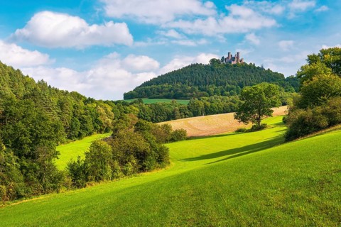 View over green meadows and forests to the ruins of Hanstein Castle, Bornhagen, Eichsfeld,