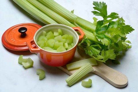 Celery stalks, pieces in pots