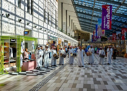 Typical national reception with orientalist music in the cruise terminal of Abu Dhabi, UAE, United