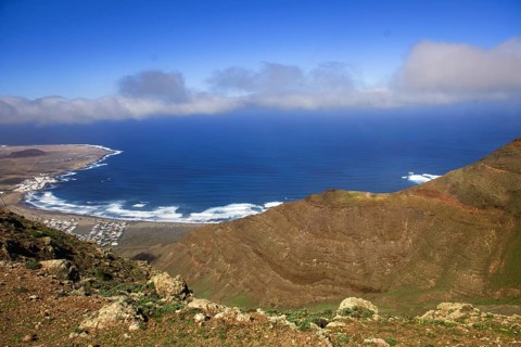Panoramic view of the coast from Mirador de Ermita de Las Nieves with moving sea and slightly