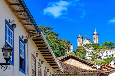 Facades of houses and churches in the old city of Ouro Preto in Minas Gerais, Ouro Preto, Minas