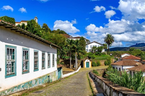 Typical architecture of the old city of Ouro Preto with chapel and historic houses