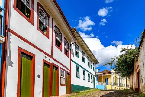 A slope lined with old colonial style mansions in the historic city of Ouro Preto, Ouro Preto,