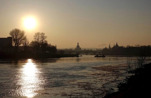 View of Church of Our Lady Dresden from the banks of the Elbe, winter evening, Saxony, Germany