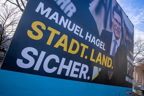 2026 state election in Baden-Württemberg. Election advertising in the city center of Stuttgart.