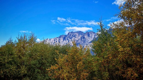 A mountain peak rises majestically above autumn-colored trees, Stepantsminda, Georgia