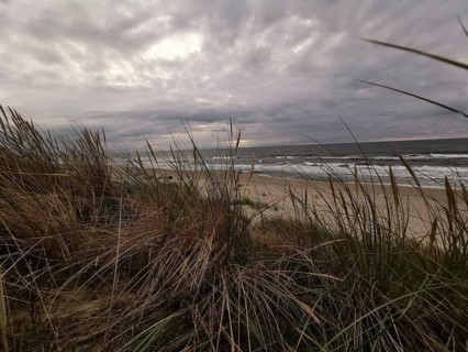 View through dunes of stormy sea, cloudy sky and rough coastal landscape, Baltic Sea, fresh spit,