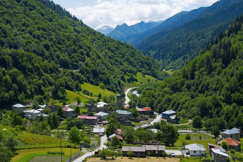 Idyllic mountain village surrounded by lush nature and green hills, Bogreshi, road 7, Mingrelia and