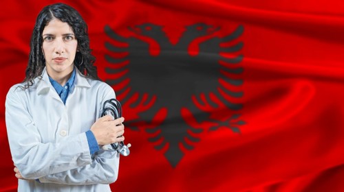 Albanian national health system, Medical professional on Albania flag background