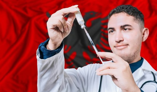 Doctor holding syringe on Albania flag background. Medical professional holding syringe with