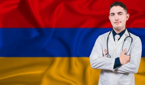 Portrait of medical professional on Armenia flag background. Armenian national health system
