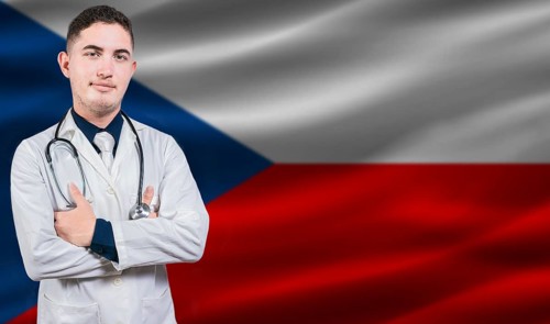 Portrait of medical professional on Czech Republic flag background. Czech national health system