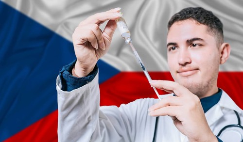 Doctor holding syringe on Czech Republic flag background. Medical professional holding syringe with