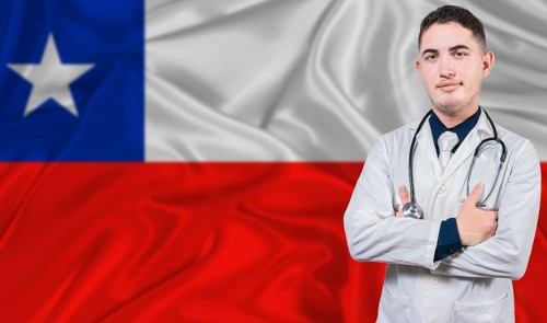 Portrait of medical professional on Chile flag background. Chilean national health system