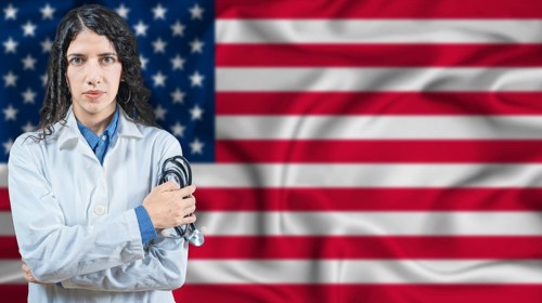 American national health system, Medical professional on United States flag background