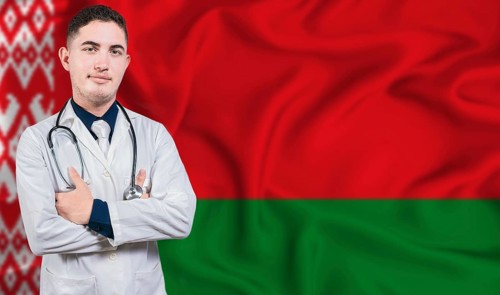 Portrait of medical professional on Belarus flag background. Belarusian national health system