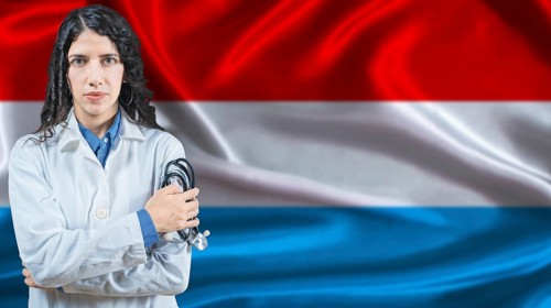 Luxembourgish national health system, Medical professional on Luxembourg flag background