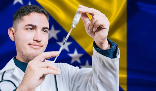 Doctor holding syringe on Bosnia and Herzegovina flag background. Medical professional holding