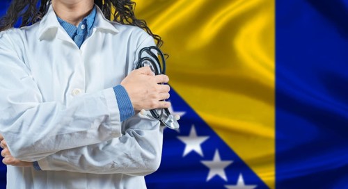 Healthcare professional with Bosnia and Herzegovina flag background. Professional doctor holding