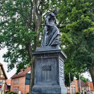 Restored Germania monument, Germania statue with sword, base with inscription, symbol, German