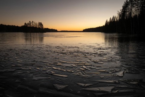 Ice formation on the shore of a freezing lake, forest, sunrise, winter, Hartola, Finland