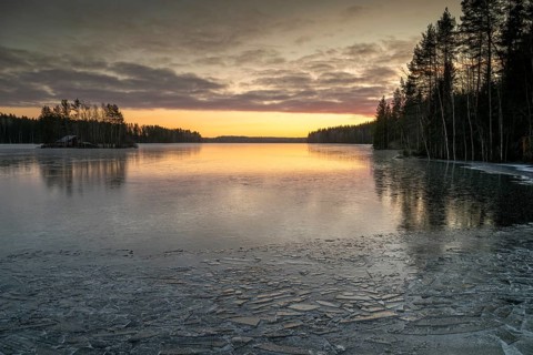 Ice formation on the shore of a lake, forest, sunrise, winter, Hartola, Finland