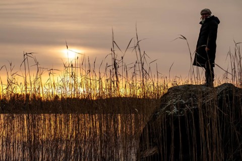 Woman in winter clothes standing on a rock on a lakeside covered with reeds, sunset, winter mood,