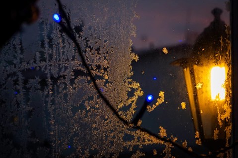 Ice crystals on a window illuminated by warm light from an outdoor lantern, the last light of dusk