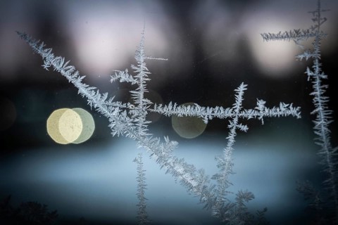 Ice crystals, close-up of frost on glass with bokeh through lights in the background, wintry