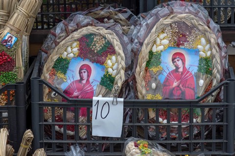 Images of saints at the souvenir stand for tourists in Vorone?, Buckowina, Romania