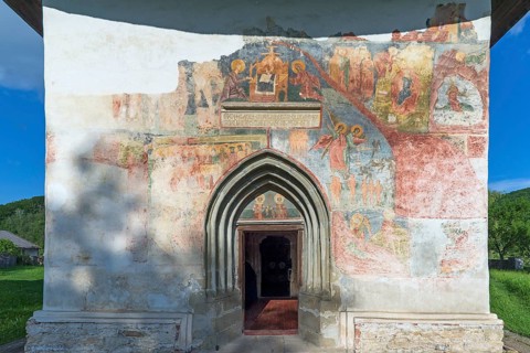 Exterior frescoes at the Church of the Exaltation of the Cross, Patrauti Moldavian monastery from