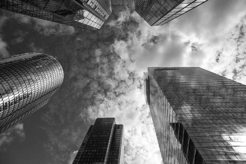 Skyscrapers in the modern high-rise La Défense district, black and white, Paris, France
